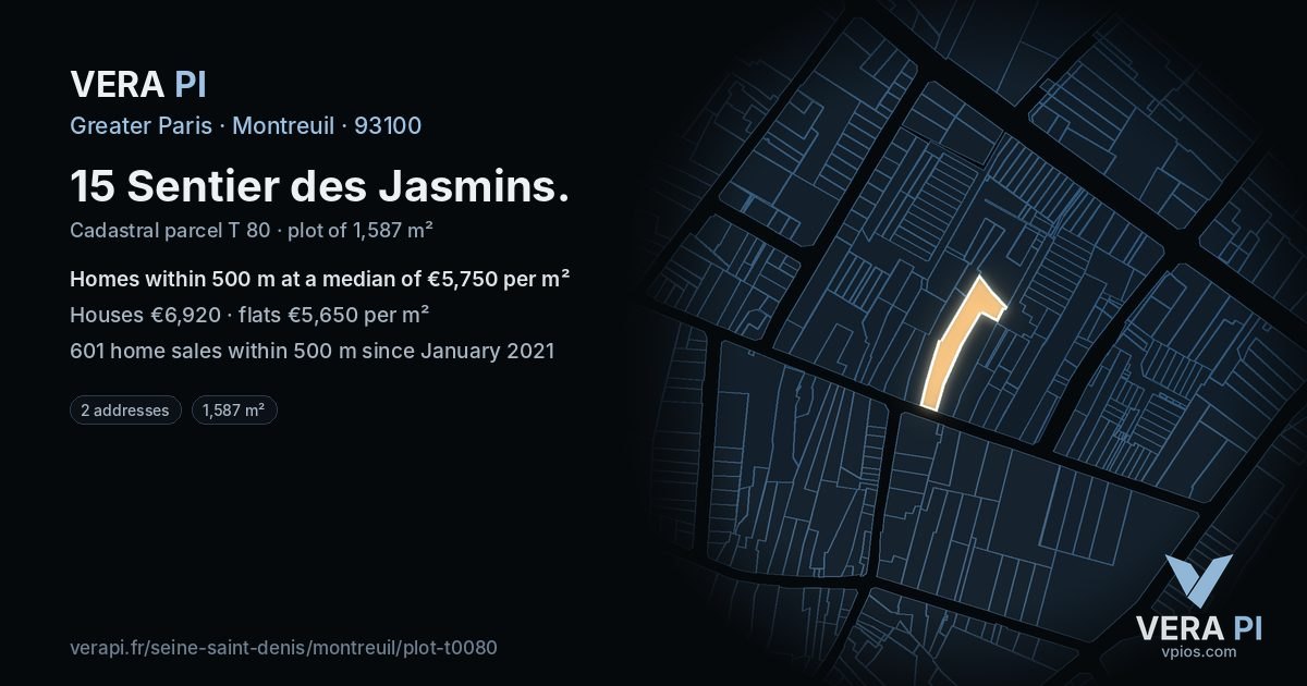 15 Sentier des Jasmins, Montreuil at night – the plot lit, the parcels around coloured by the prices near them