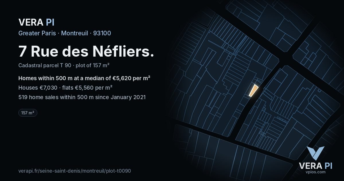 7 Rue des Néfliers, Montreuil at night – the plot lit, the parcels around coloured by the prices near them