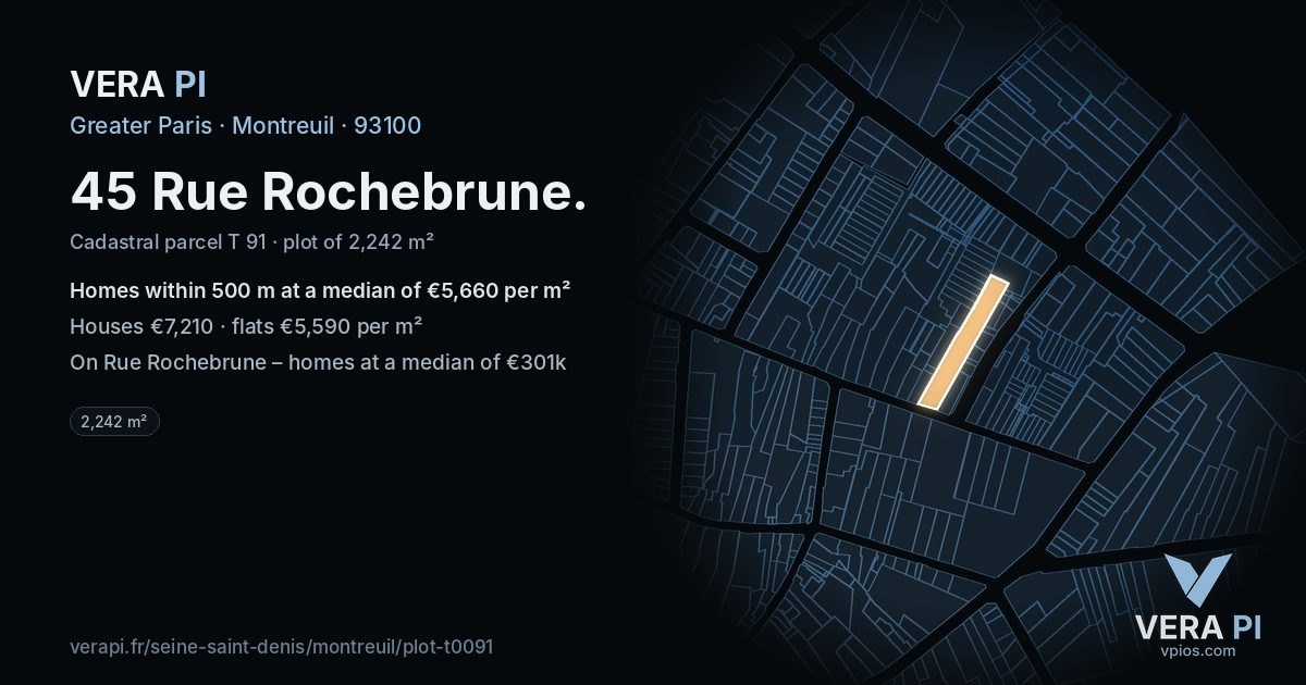 45 Rue Rochebrune, Montreuil at night – the plot lit, the parcels around coloured by the prices near them