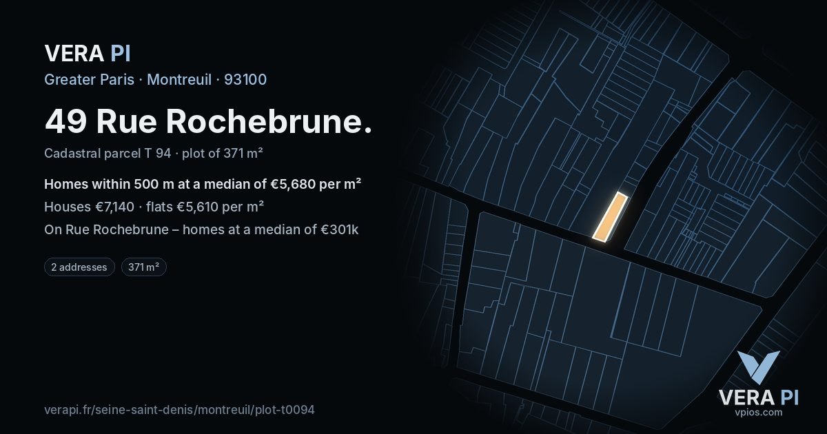 49 Rue Rochebrune, Montreuil at night – the plot lit, the parcels around coloured by the prices near them