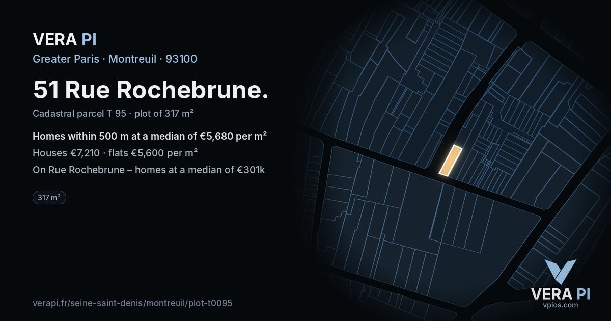 51 Rue Rochebrune, Montreuil at night – the plot lit, the parcels around coloured by the prices near them