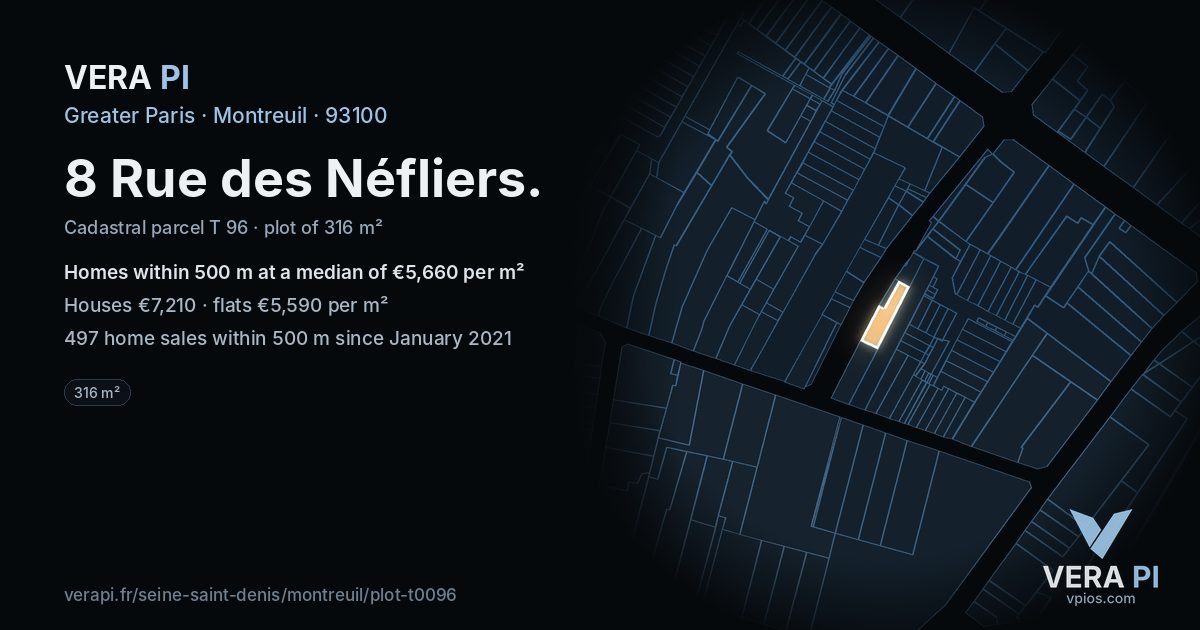 8 Rue des Néfliers, Montreuil at night – the plot lit, the parcels around coloured by the prices near them