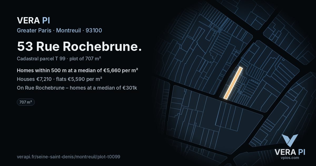 53 Rue Rochebrune, Montreuil at night – the plot lit, the parcels around coloured by the prices near them