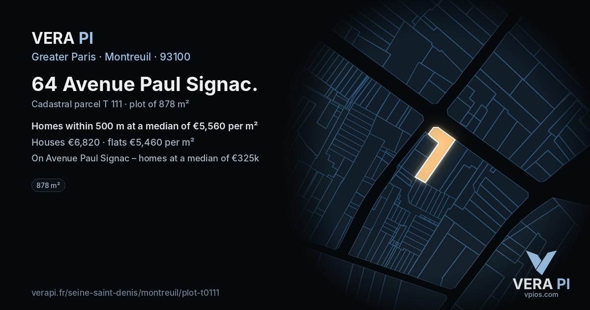 64 Avenue Paul Signac, Montreuil at night – the plot lit, the parcels around coloured by the prices near them