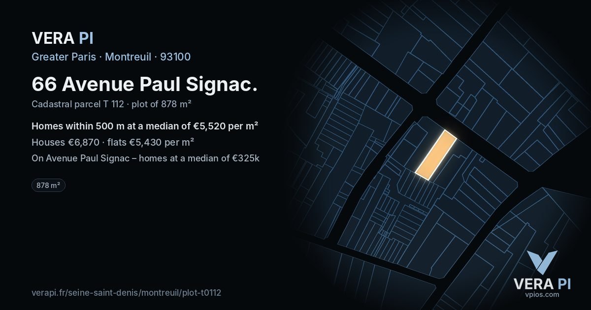 66 Avenue Paul Signac, Montreuil at night – the plot lit, the parcels around coloured by the prices near them