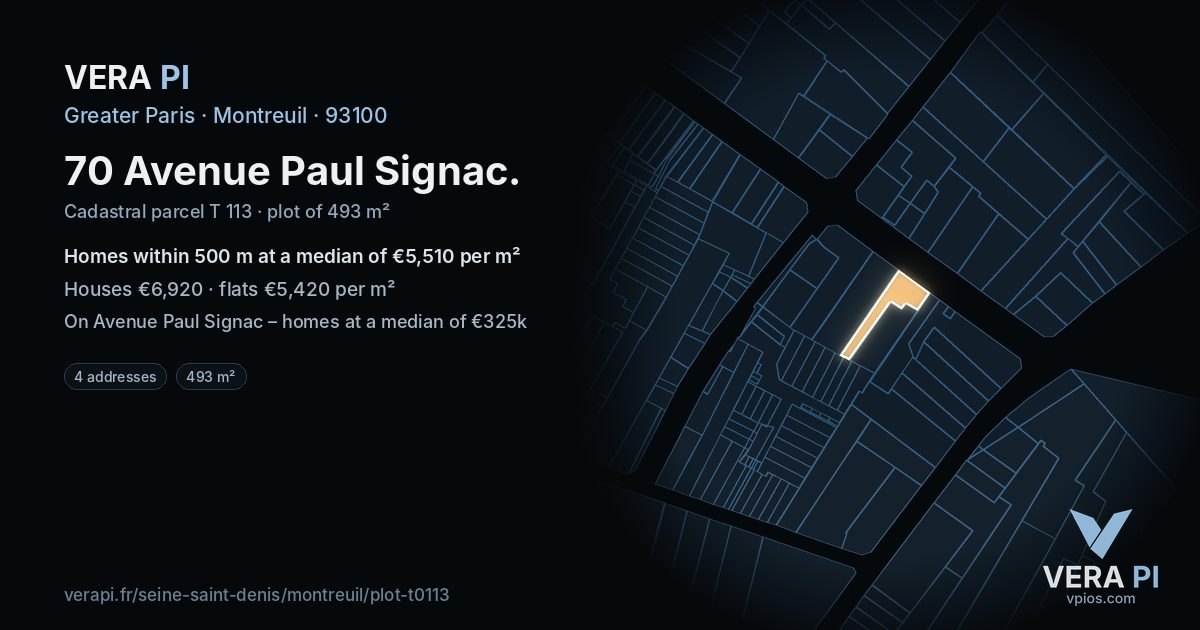 70 Avenue Paul Signac, Montreuil at night – the plot lit, the parcels around coloured by the prices near them