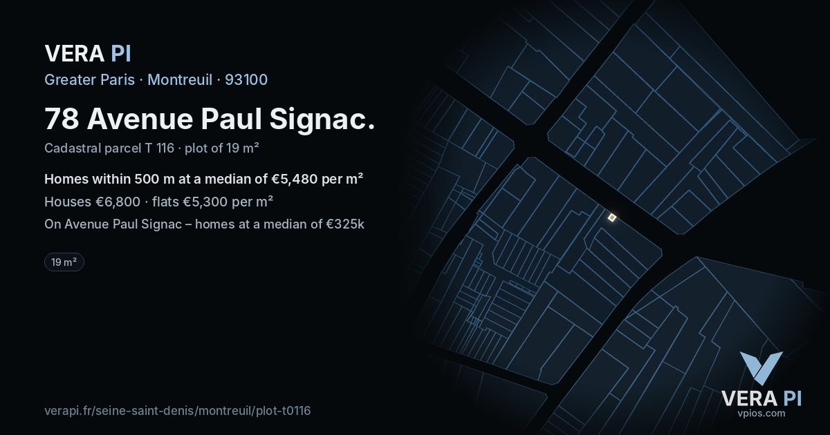 78 Avenue Paul Signac, Montreuil at night – the plot lit, the parcels around coloured by the prices near them
