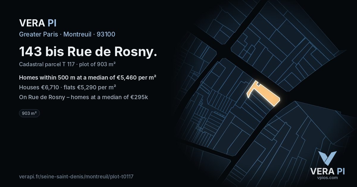 143 bis Rue de Rosny, Montreuil at night – the plot lit, the parcels around coloured by the prices near them