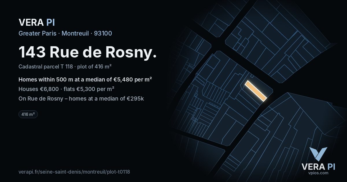 143 Rue de Rosny, Montreuil at night – the plot lit, the parcels around coloured by the prices near them