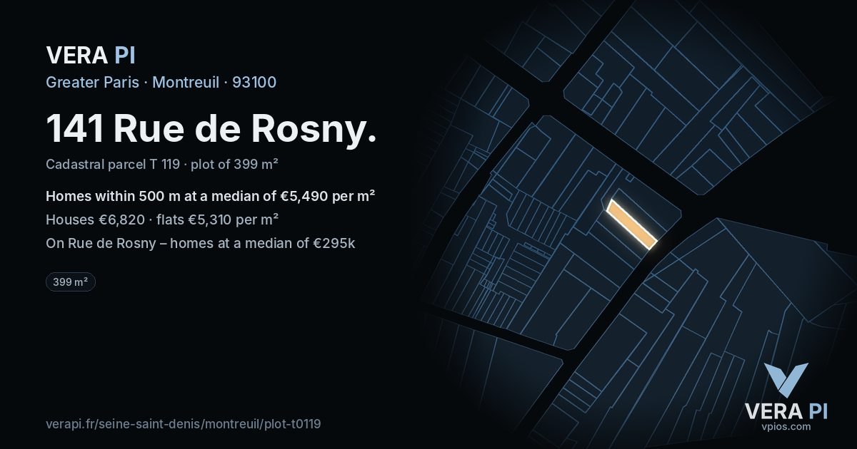 141 Rue de Rosny, Montreuil at night – the plot lit, the parcels around coloured by the prices near them