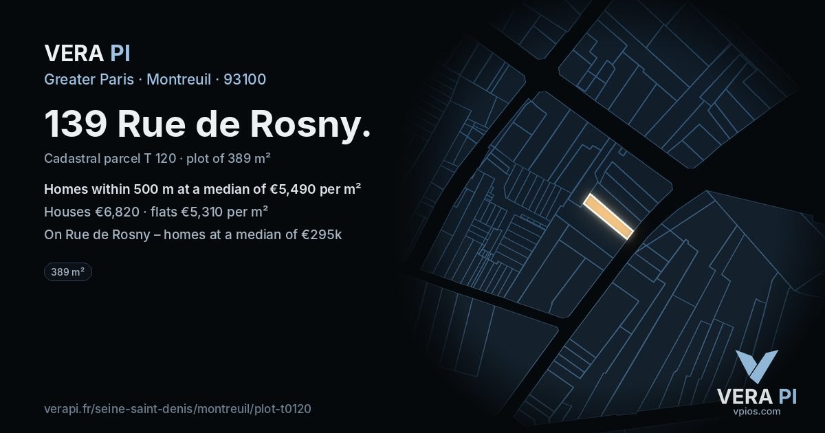 139 Rue de Rosny, Montreuil at night – the plot lit, the parcels around coloured by the prices near them