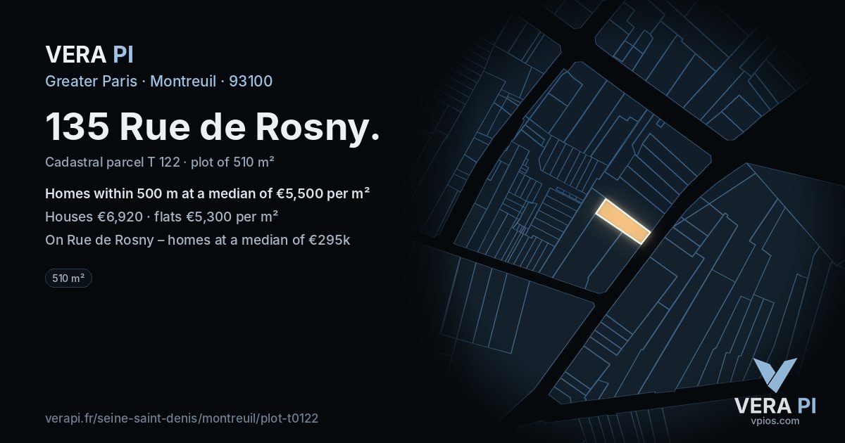 135 Rue de Rosny, Montreuil at night – the plot lit, the parcels around coloured by the prices near them