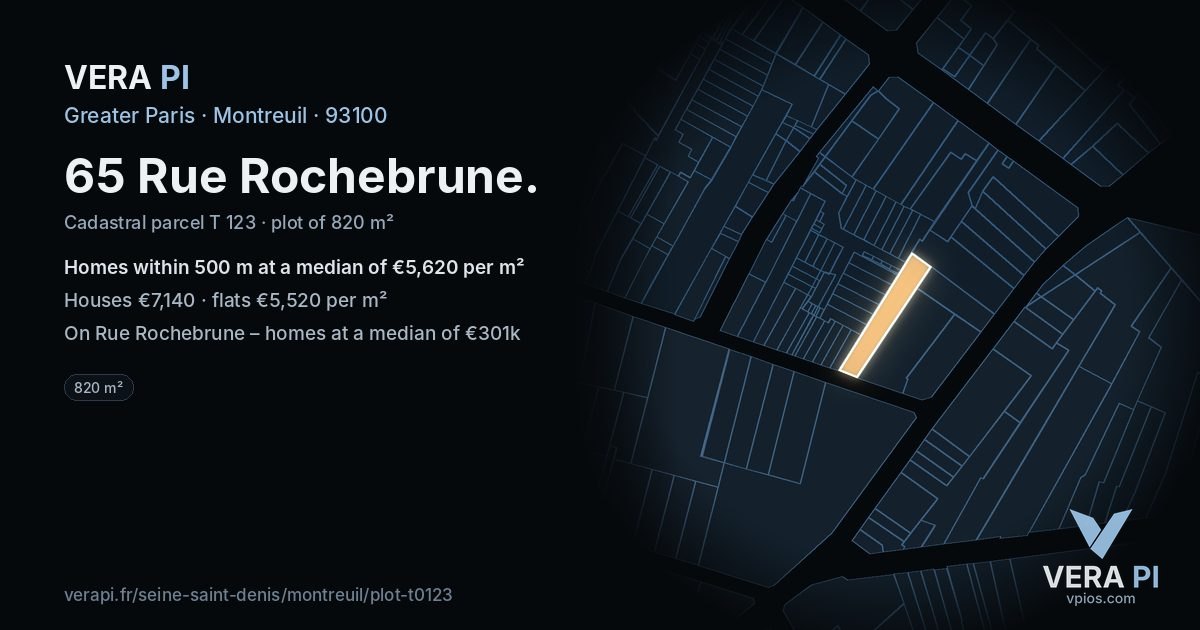 65 Rue Rochebrune, Montreuil at night – the plot lit, the parcels around coloured by the prices near them