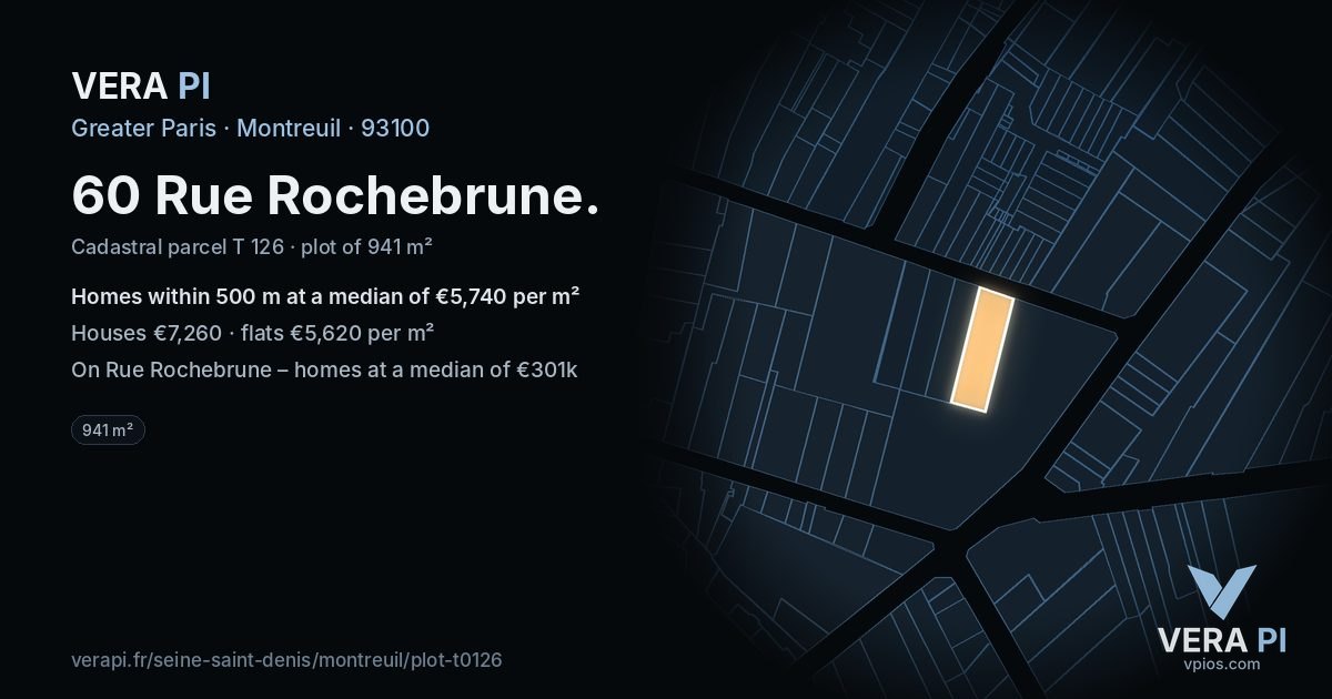 60 Rue Rochebrune, Montreuil at night – the plot lit, the parcels around coloured by the prices near them