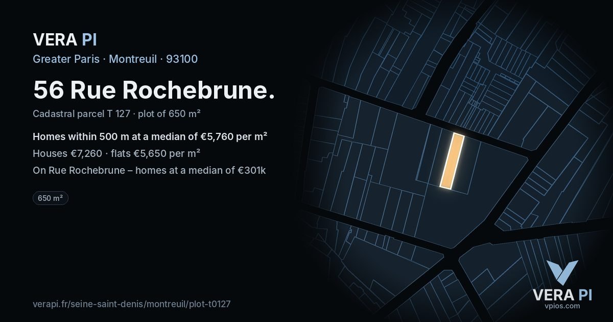 56 Rue Rochebrune, Montreuil at night – the plot lit, the parcels around coloured by the prices near them