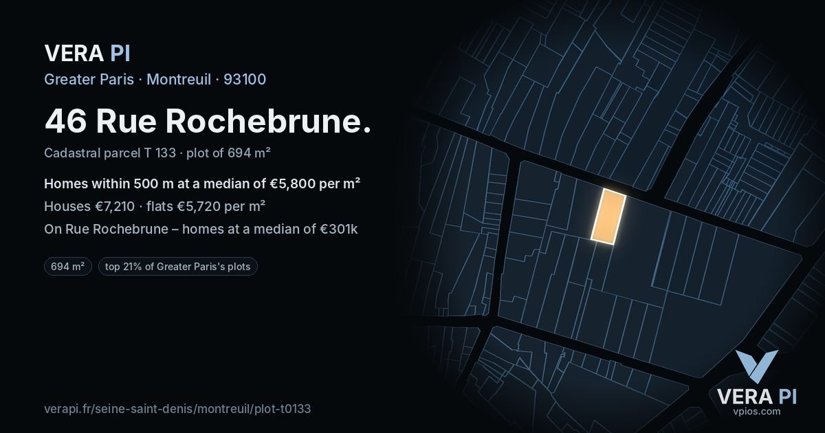 46 Rue Rochebrune, Montreuil at night – the plot lit, the parcels around coloured by the prices near them