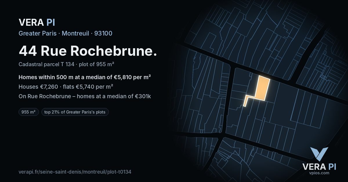 44 Rue Rochebrune, Montreuil at night – the plot lit, the parcels around coloured by the prices near them