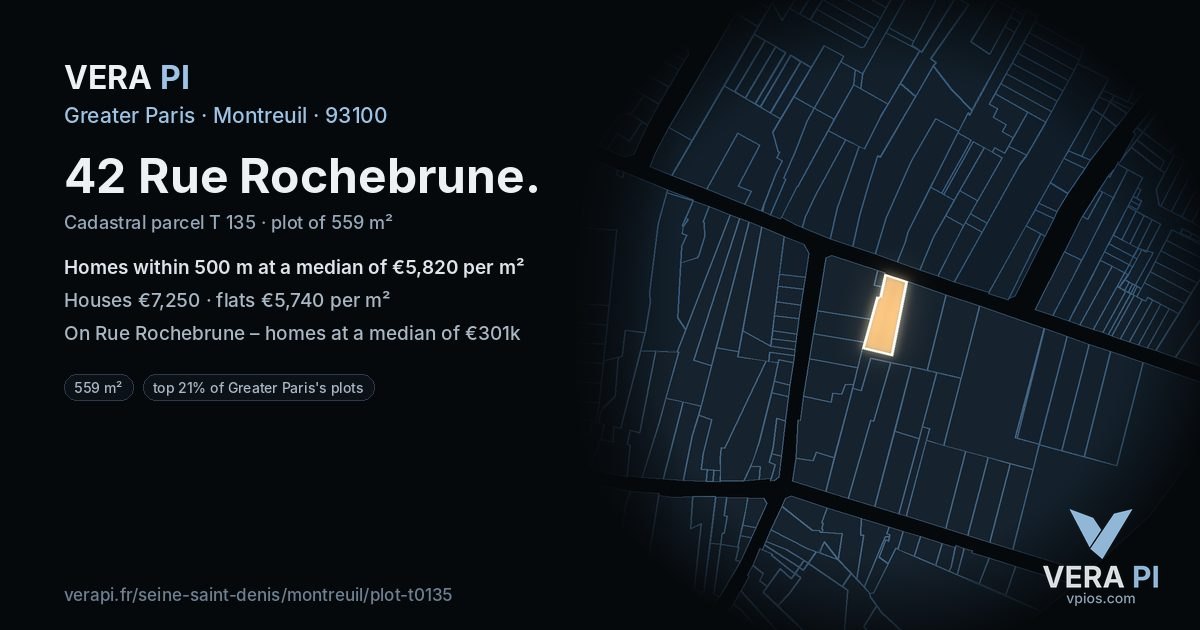42 Rue Rochebrune, Montreuil at night – the plot lit, the parcels around coloured by the prices near them