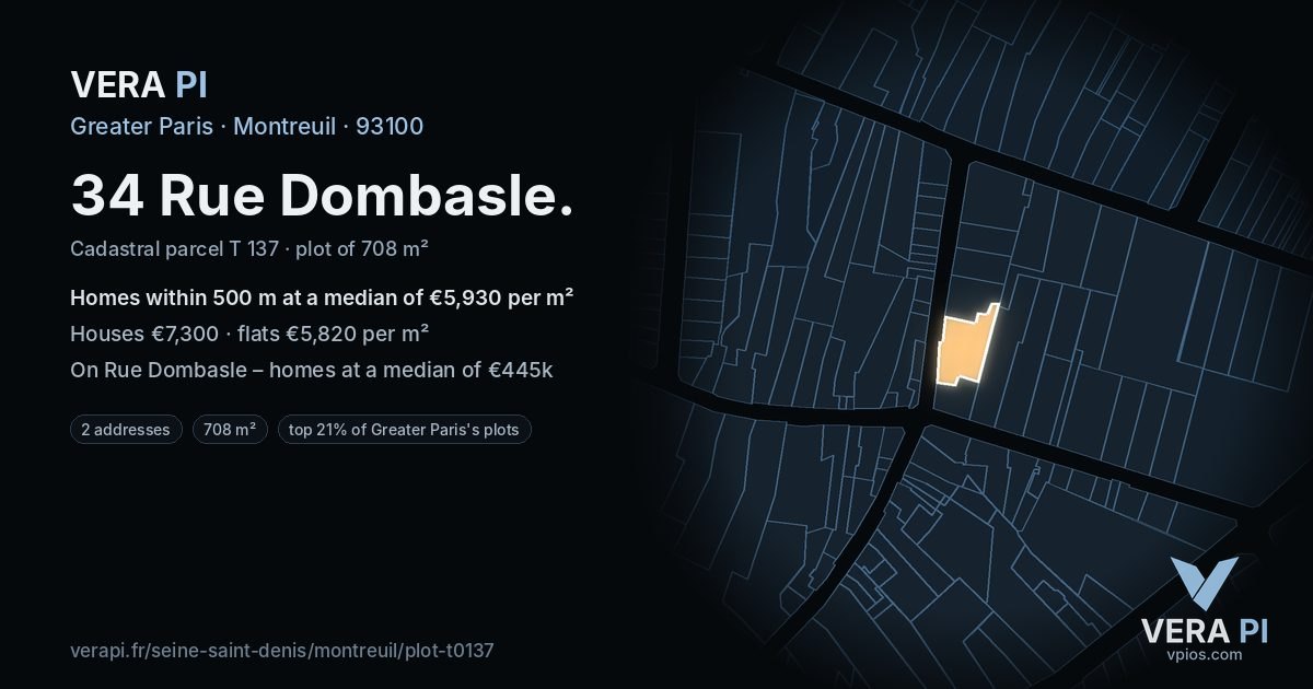 34 Rue Dombasle, Montreuil at night – the plot lit, the parcels around coloured by the prices near them