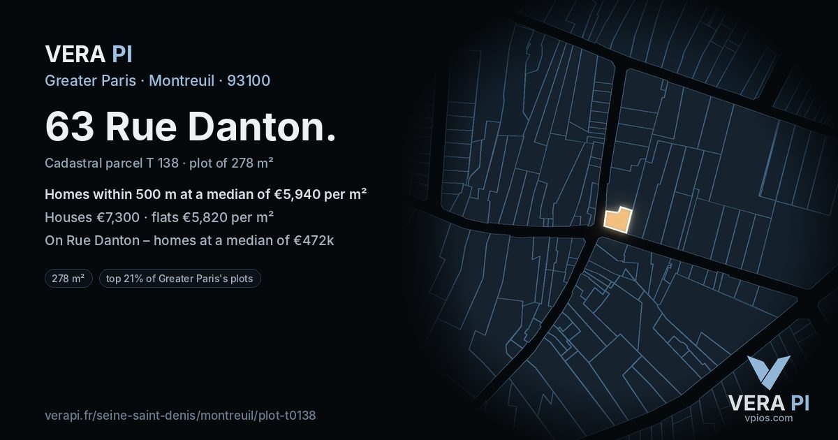 63 Rue Danton, Montreuil at night – the plot lit, the parcels around coloured by the prices near them