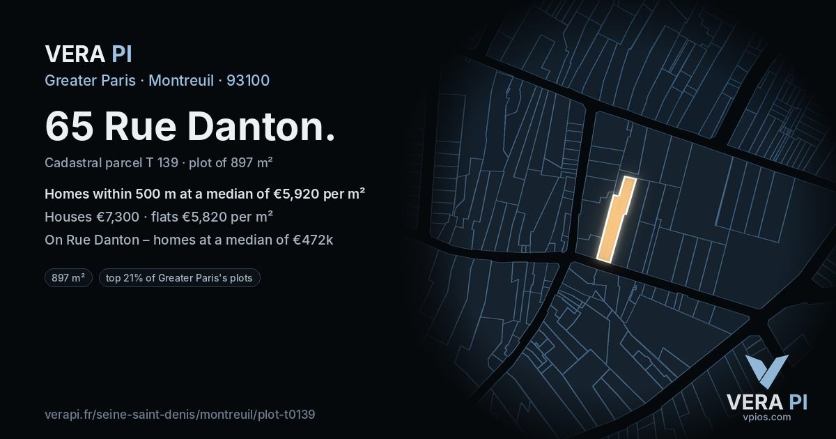 65 Rue Danton, Montreuil at night – the plot lit, the parcels around coloured by the prices near them