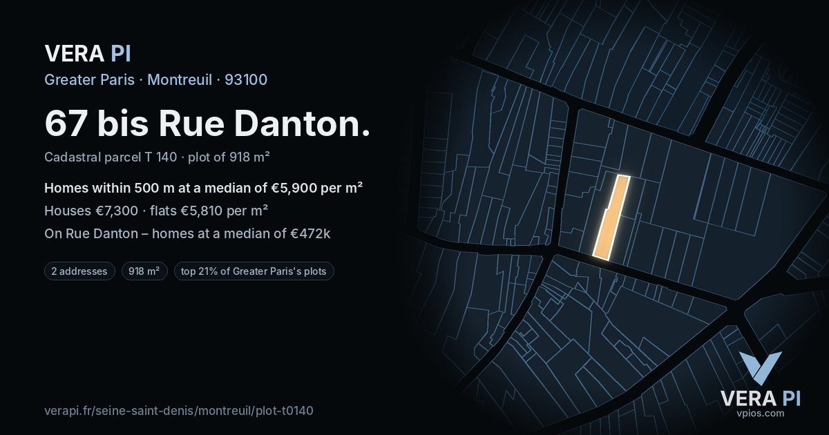 67 bis Rue Danton, Montreuil at night – the plot lit, the parcels around coloured by the prices near them