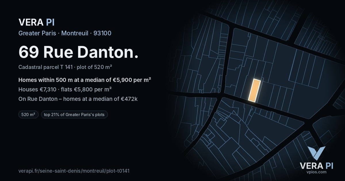 69 Rue Danton, Montreuil at night – the plot lit, the parcels around coloured by the prices near them