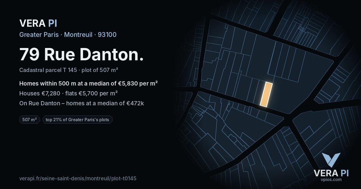 79 Rue Danton, Montreuil at night – the plot lit, the parcels around coloured by the prices near them