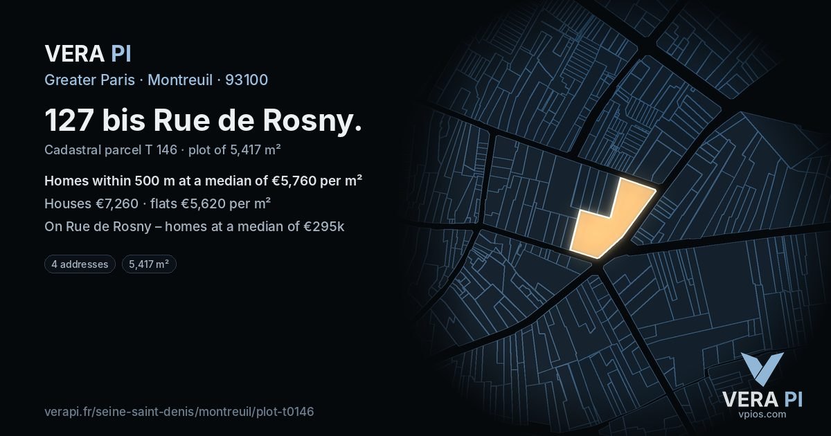 127 bis Rue de Rosny, Montreuil at night – the plot lit, the parcels around coloured by the prices near them