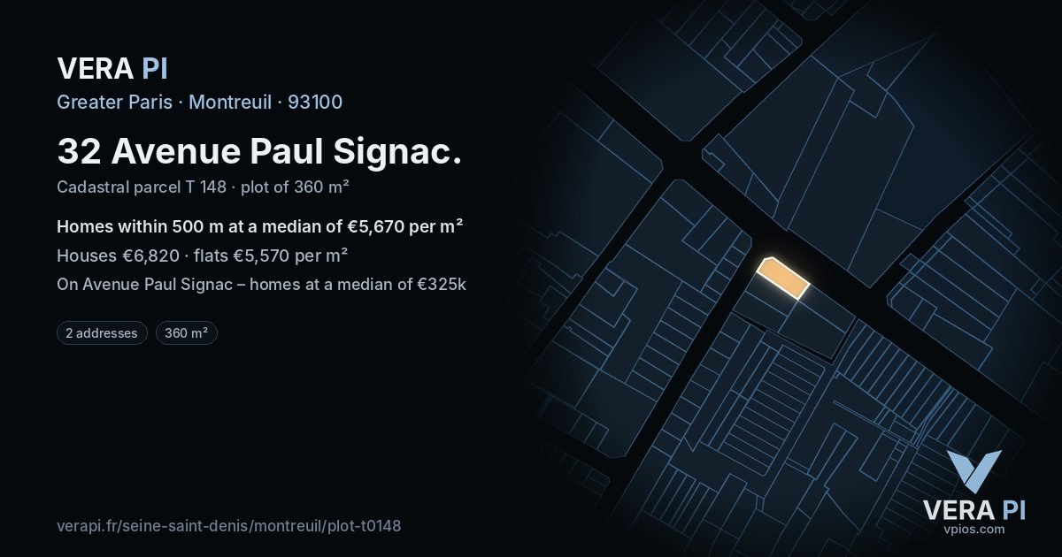 32 Avenue Paul Signac, Montreuil at night – the plot lit, the parcels around coloured by the prices near them
