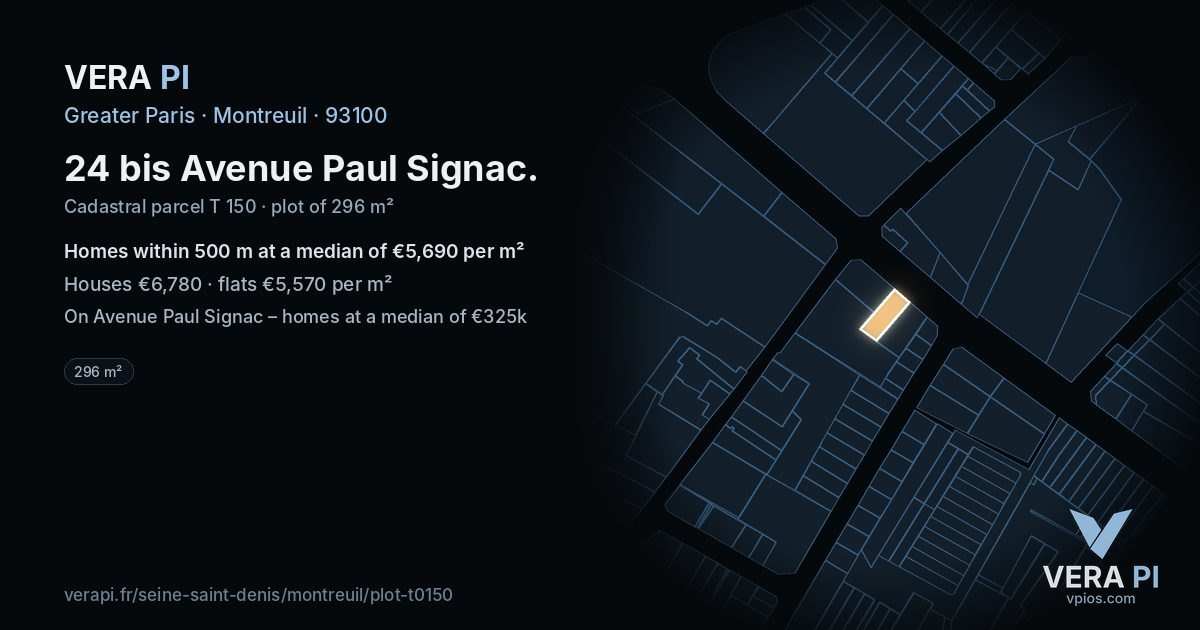 24 bis Avenue Paul Signac, Montreuil at night – the plot lit, the parcels around coloured by the prices near them