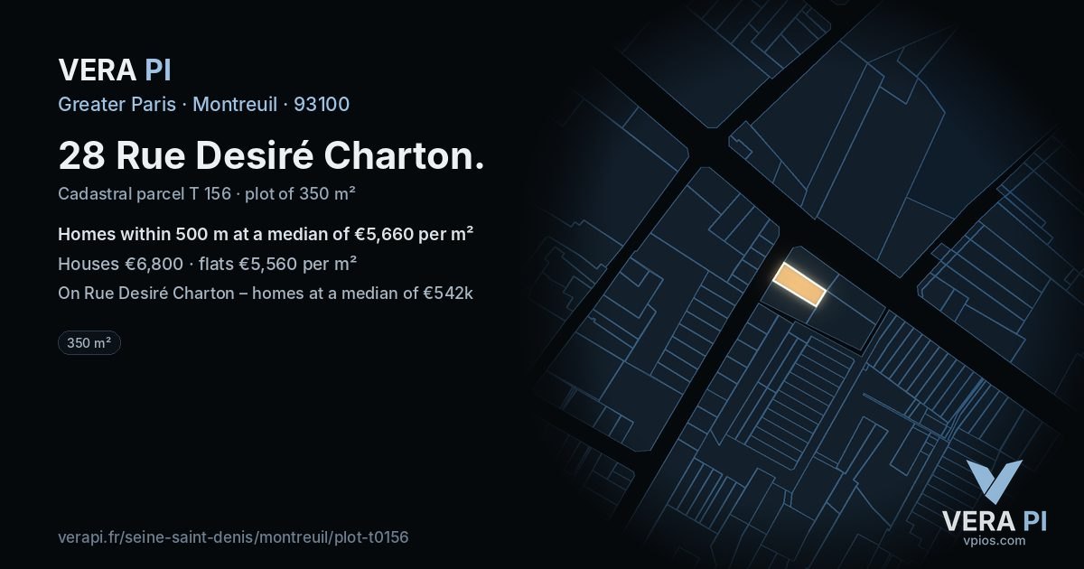 28 Rue Desiré Charton, Montreuil at night – the plot lit, the parcels around coloured by the prices near them