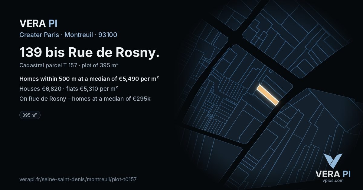139 bis Rue de Rosny, Montreuil at night – the plot lit, the parcels around coloured by the prices near them