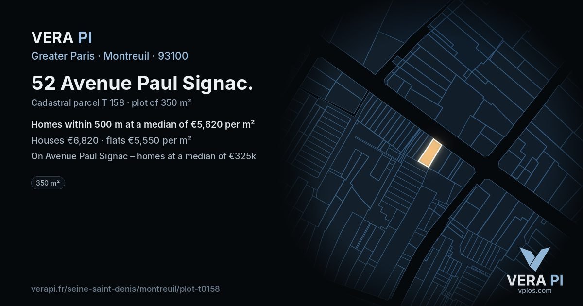 52 Avenue Paul Signac, Montreuil at night – the plot lit, the parcels around coloured by the prices near them