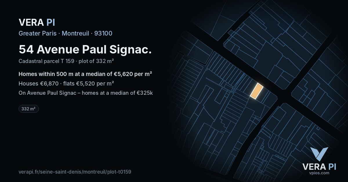 54 Avenue Paul Signac, Montreuil at night – the plot lit, the parcels around coloured by the prices near them