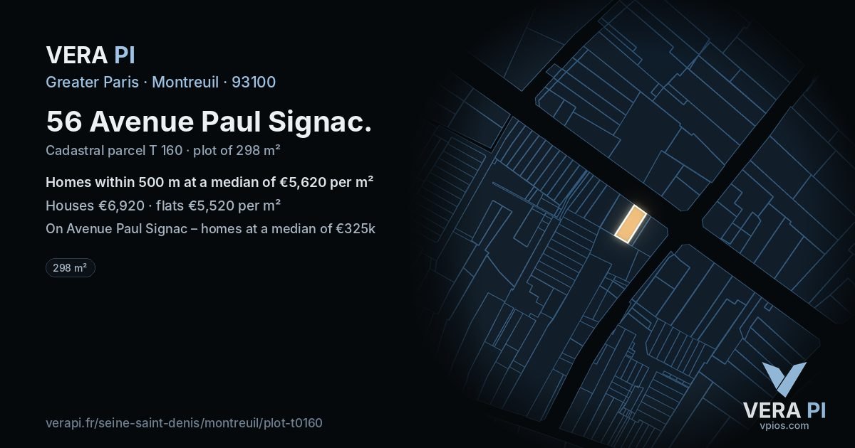 56 Avenue Paul Signac, Montreuil at night – the plot lit, the parcels around coloured by the prices near them