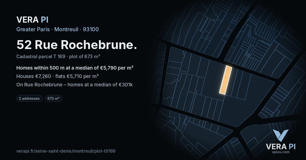 52 Rue Rochebrune, Montreuil at night – the plot lit, the parcels around coloured by the prices near them