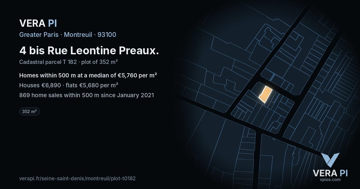 4 bis Rue Leontine Preaux, Montreuil at night – the plot lit, the parcels around coloured by the prices near them