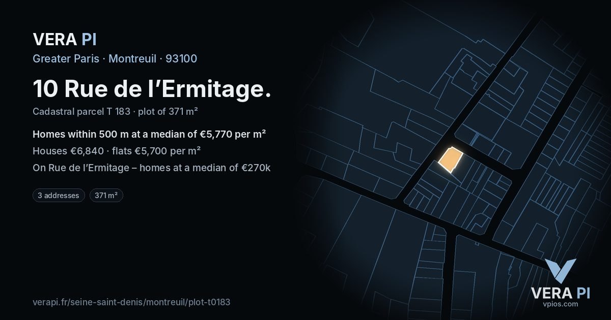10 Rue de l’Ermitage, Montreuil at night – the plot lit, the parcels around coloured by the prices near them