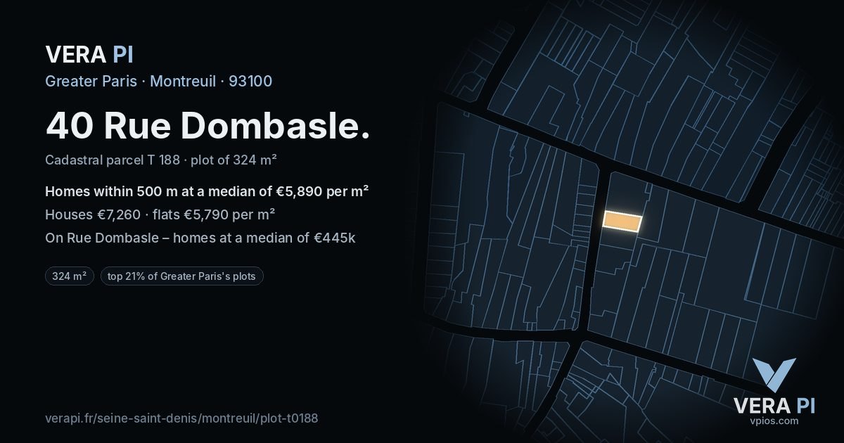 40 Rue Dombasle, Montreuil at night – the plot lit, the parcels around coloured by the prices near them