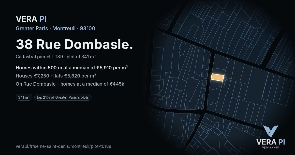 38 Rue Dombasle, Montreuil at night – the plot lit, the parcels around coloured by the prices near them