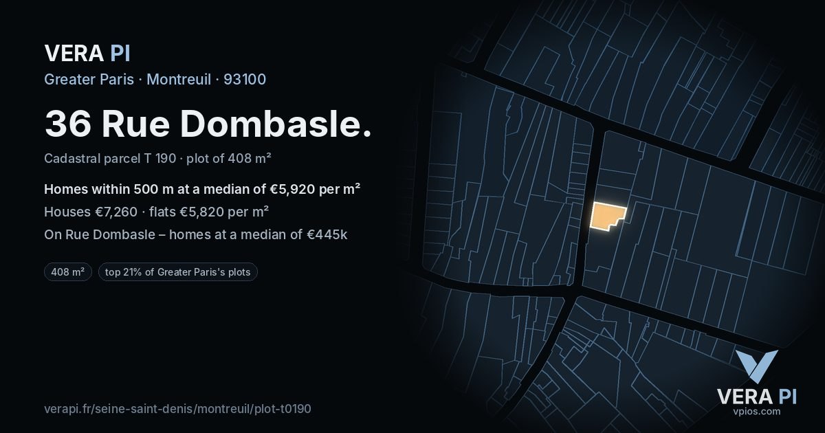 36 Rue Dombasle, Montreuil at night – the plot lit, the parcels around coloured by the prices near them