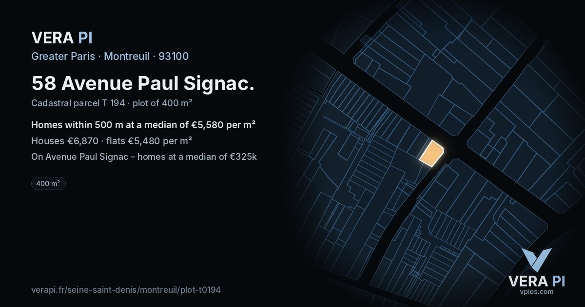 58 Avenue Paul Signac, Montreuil at night – the plot lit, the parcels around coloured by the prices near them