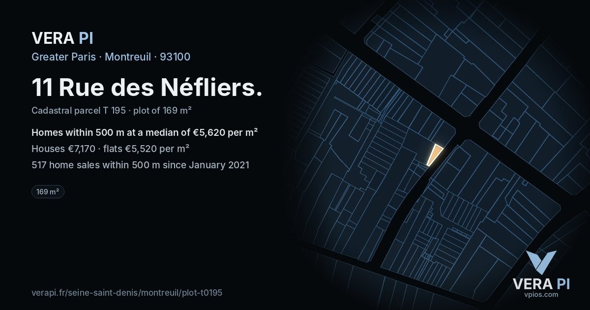 11 Rue des Néfliers, Montreuil at night – the plot lit, the parcels around coloured by the prices near them