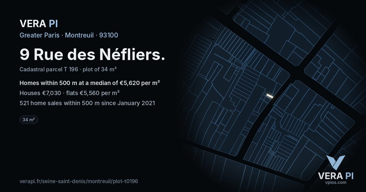 9 Rue des Néfliers, Montreuil at night – the plot lit, the parcels around coloured by the prices near them