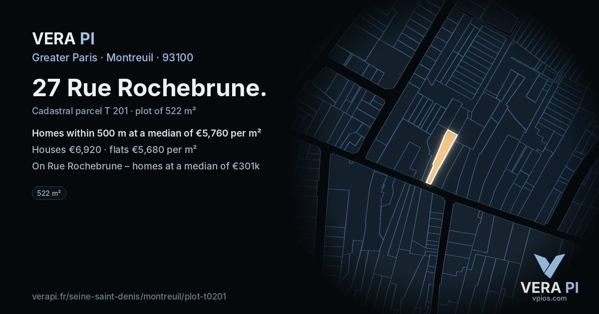 27 Rue Rochebrune, Montreuil at night – the plot lit, the parcels around coloured by the prices near them