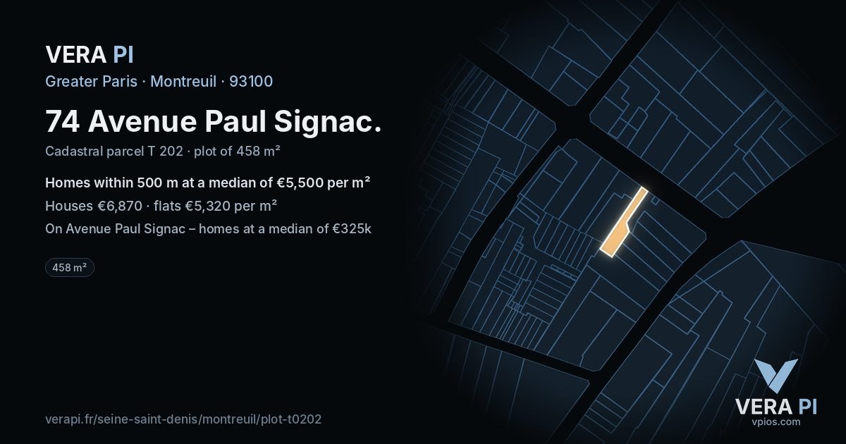 74 Avenue Paul Signac, Montreuil at night – the plot lit, the parcels around coloured by the prices near them