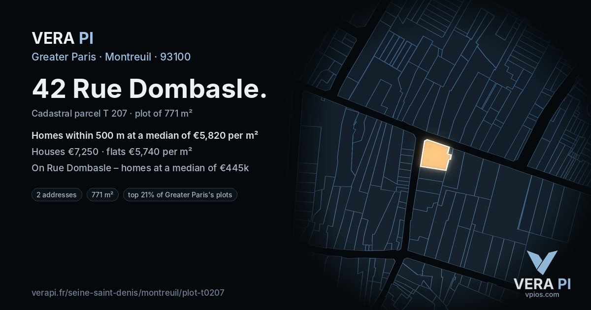 42 Rue Dombasle, Montreuil at night – the plot lit, the parcels around coloured by the prices near them