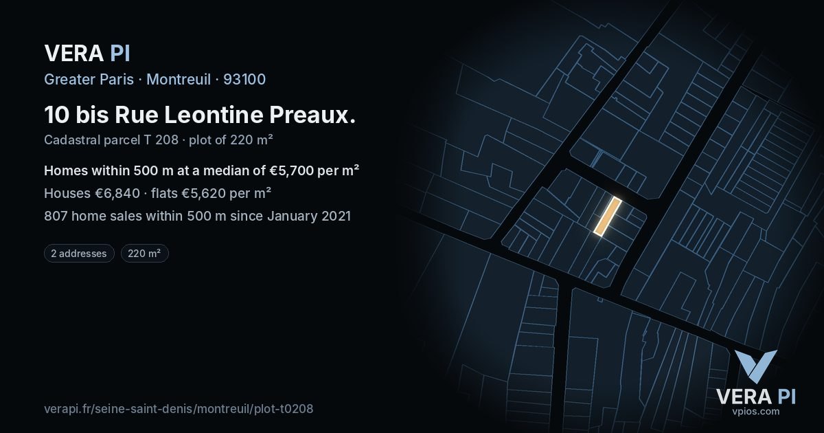 10 bis Rue Leontine Preaux, Montreuil at night – the plot lit, the parcels around coloured by the prices near them