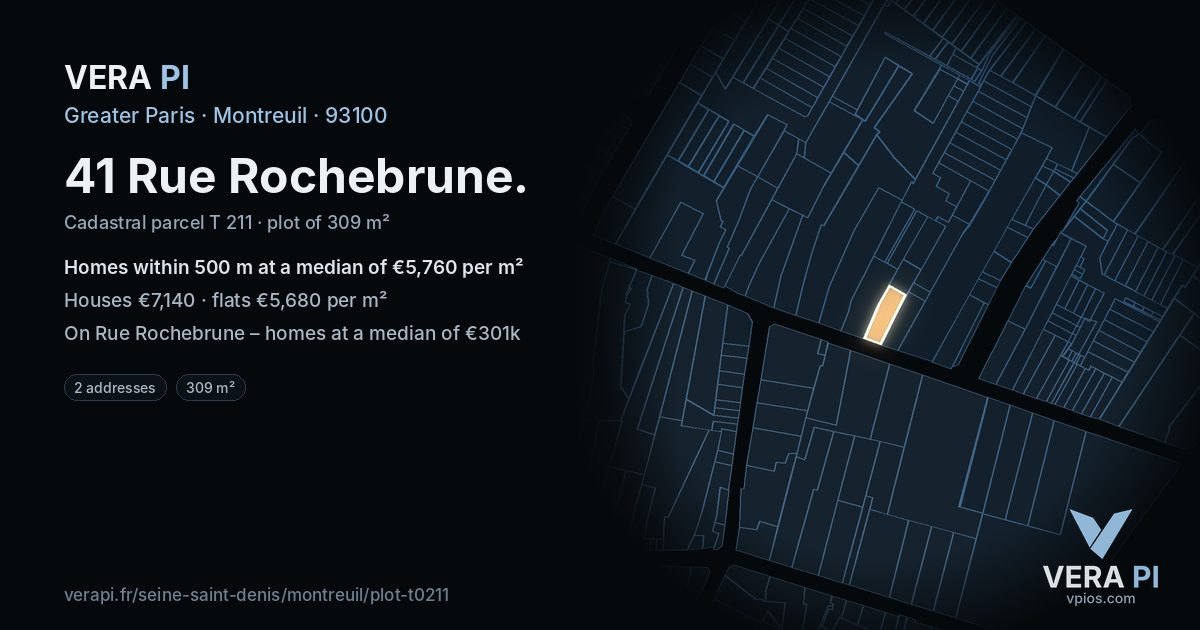 41 Rue Rochebrune, Montreuil at night – the plot lit, the parcels around coloured by the prices near them